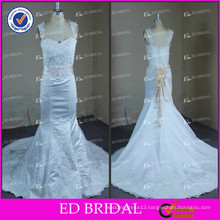 ED White Mermaid Satin Lace Appliques Beaded Cap Sleeve Flower Belt Wedding Dresses